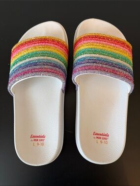 Muk Luks Rainbow Glitter Slide Sandals - White